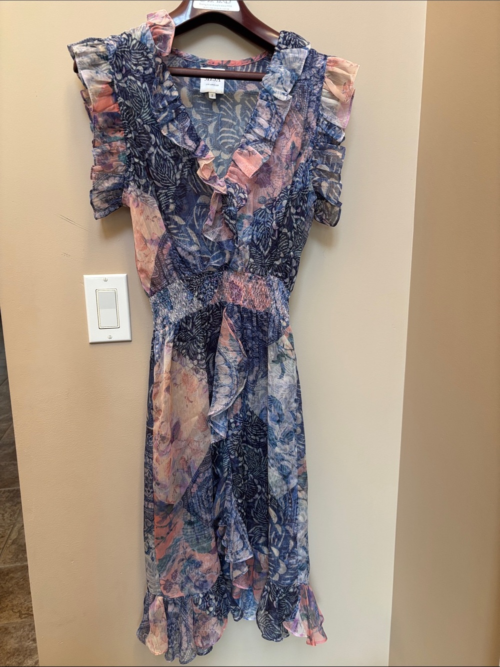 Misa Los Angeles Blue and Pink Floral Ruffle Midi Dress